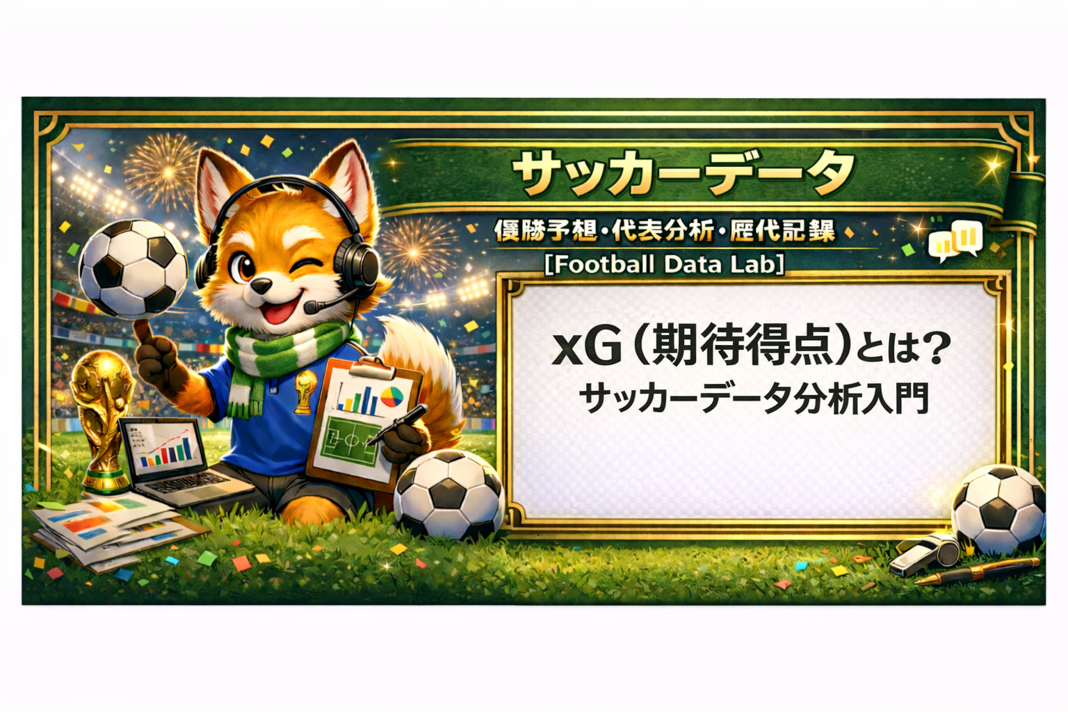 サッカーデータ分析をテーマにしたイラスト。スタジアム背景でヘッドセットをつけたキツネのキャラクターが分析ボードとグラフを持ち、ホワイトボードに「xG（期待得点）とは？サッカーデータ分析入門」と表示されている。