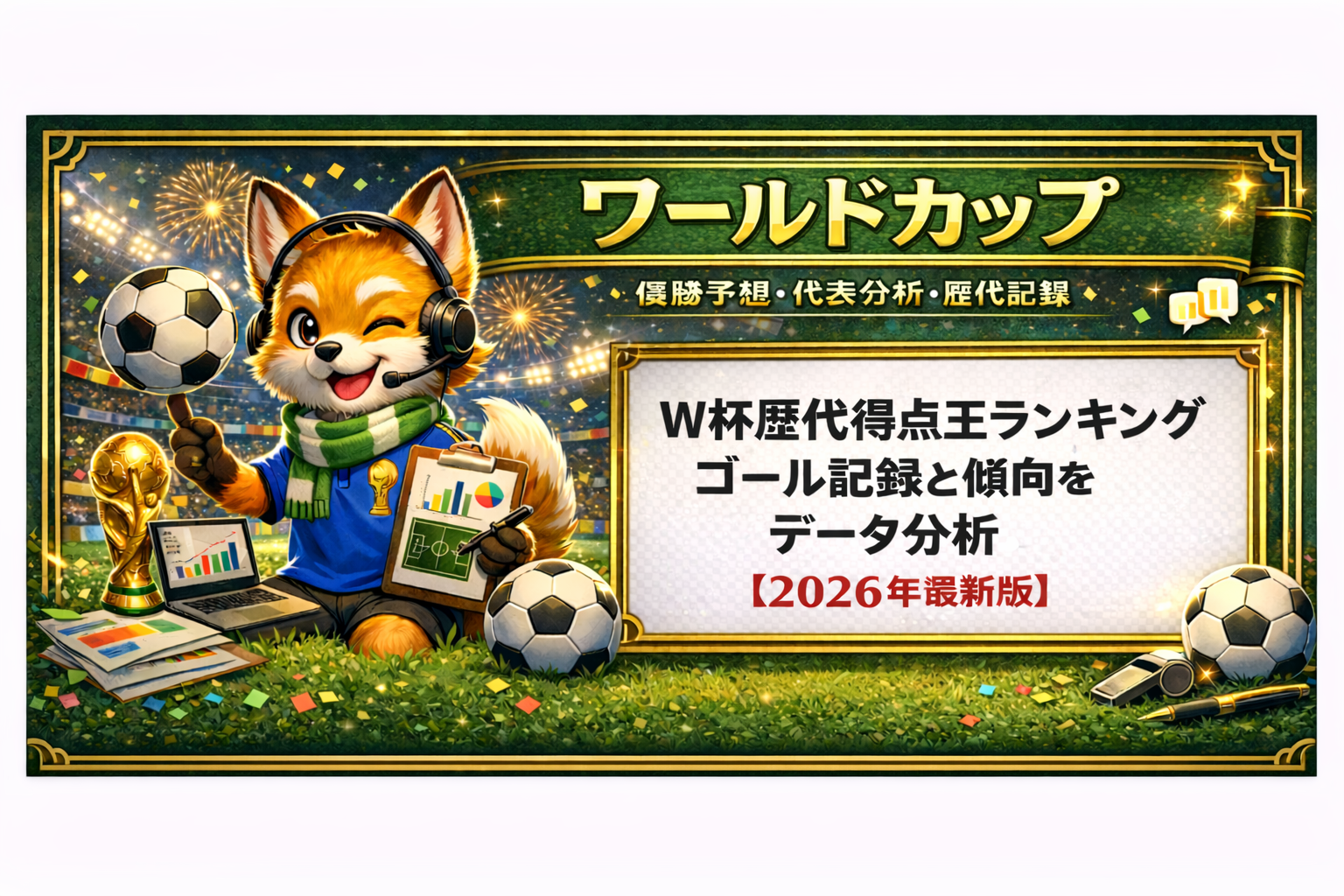 W杯歴代得点王ランキングをデータ分析するサッカーデータ分析イメージ。ゴール記録や得点傾向、2026年最新版の分析テーマを日本語で表示したアイキャッチ画像