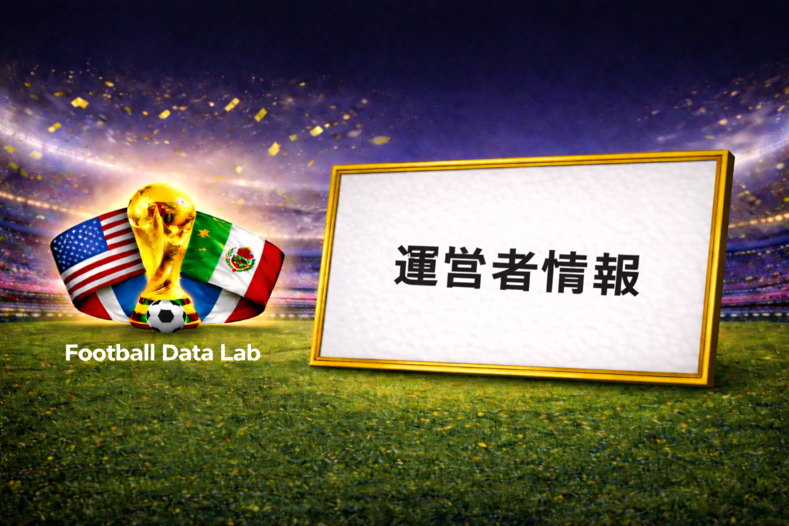 夜のサッカースタジアムを背景に、金色のワールドカップトロフィーとアメリカ・メキシコ国旗、サッカーボールを左側に配置し、右側の金枠ホワイトボードに「運営者情報」と日本語で表示されたFootball Data Labのデザイン画像