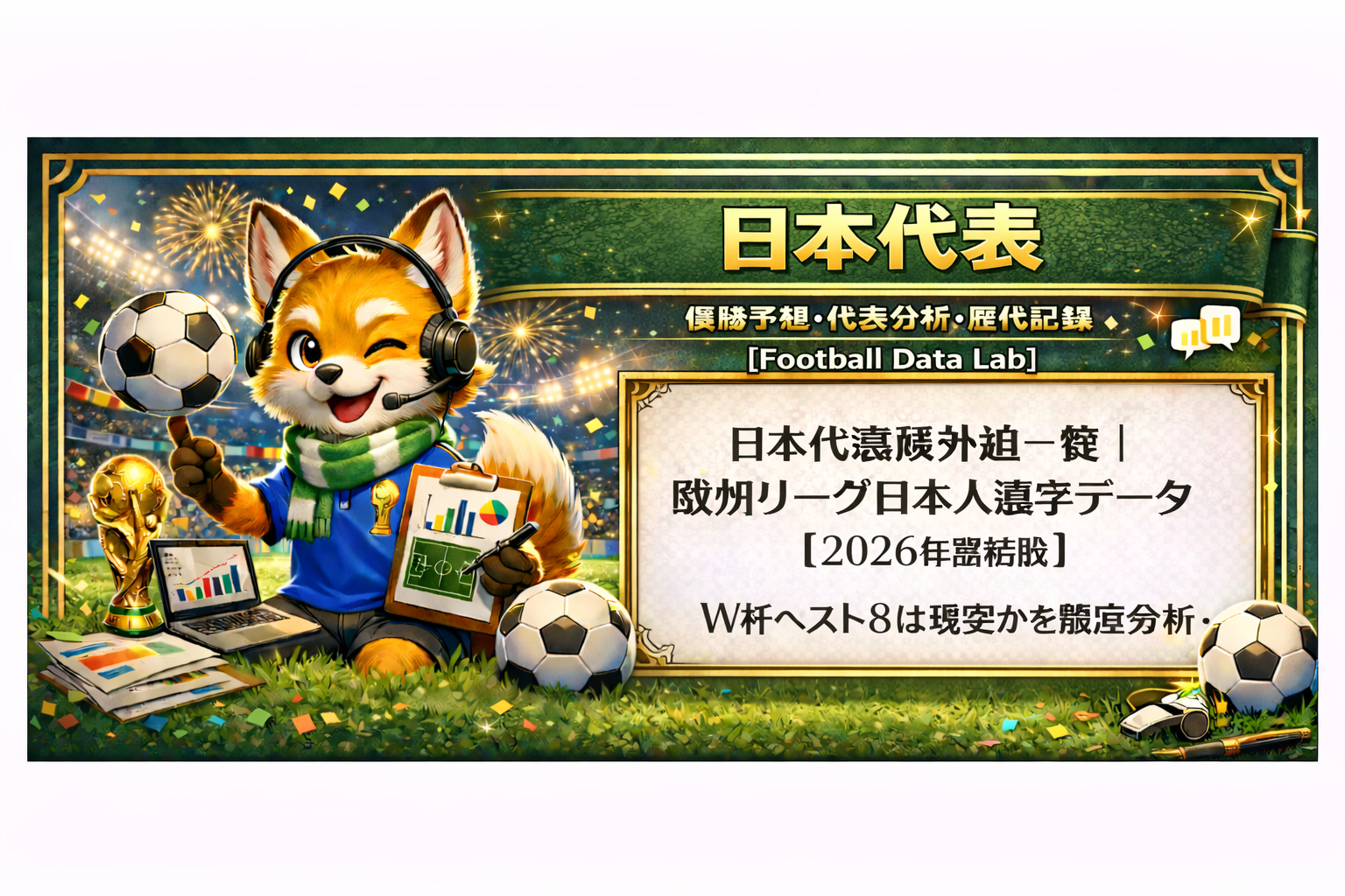 日本代表をテーマにしたサッカー分析バナー。スタジアム背景でヘッドセットを付けたキツネのキャラクターがボールとデータボードを持ち、右側のホワイトボードに「日本代表海外組一覧｜欧州リーグ日本人選手データ【2026年最新版】W杯ベスト8は現実かを徹底分析」と日本語で表示されている。