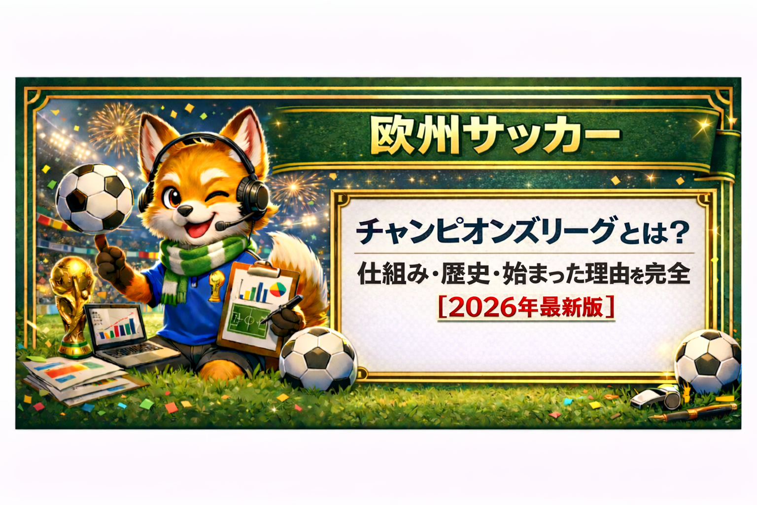 欧州サッカーをテーマにした華やかなイラストで、スタジアムの中、ヘッドセットを付けたキツネのキャラクターがサッカーボールやデータ資料を手に解説している。右側のホワイトボードには「チャンピオンズリーグとは？仕組み・歴史・始まった理由を完全解説【2026年最新版】」と書かれており、「2026年最新版」の部分だけが赤字で強調されている。