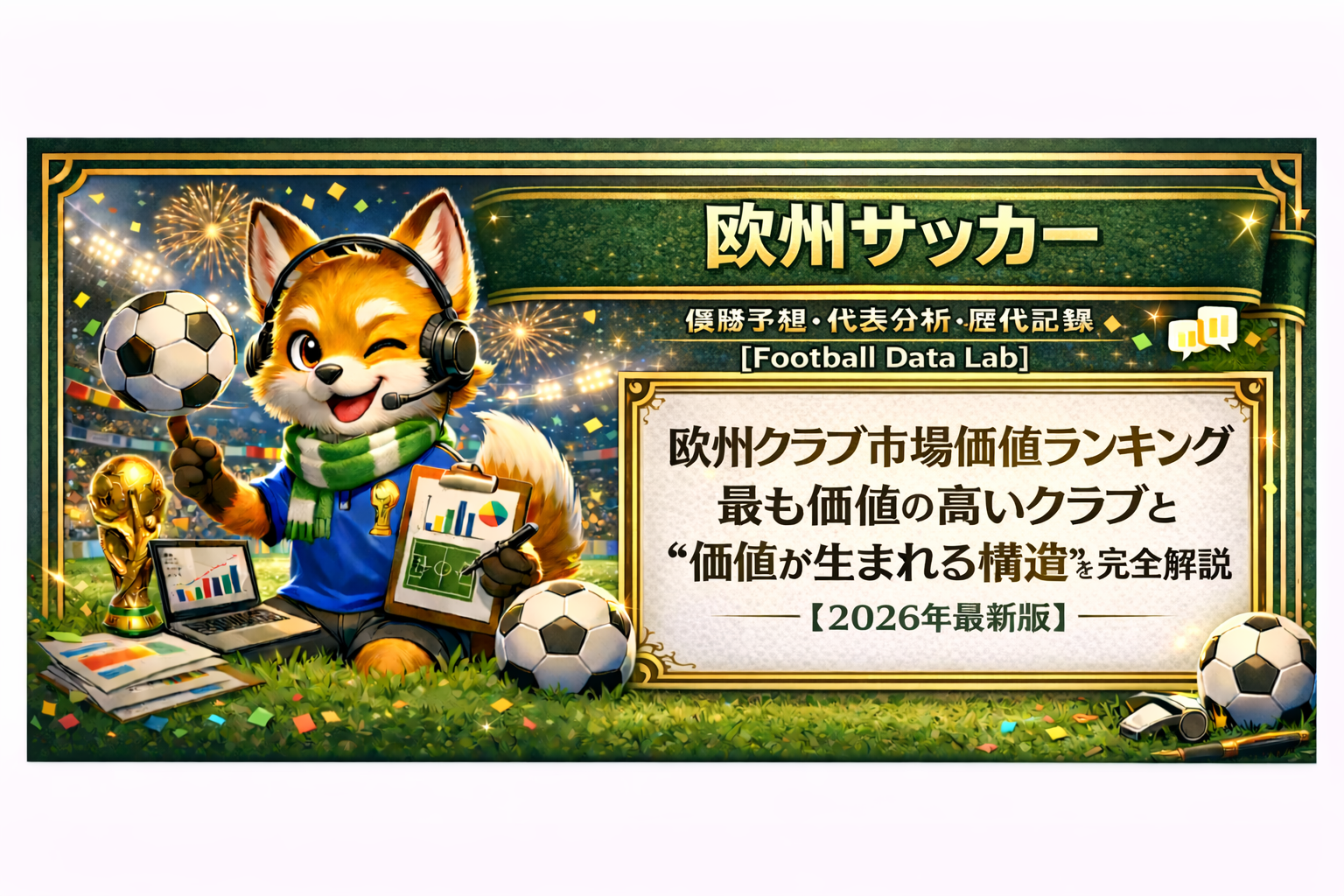 欧州サッカーをテーマにした分析バナー。スタジアム背景で、ヘッドセットを付けたキツネのキャラクターがボールとデータボードを持ち、右側のホワイトボードに「欧州クラブ市場価値ランキング｜最も価値の高いクラブと“価値が生まれる構造”を完全解説【2026年最新版】」と日本語で表示されている。