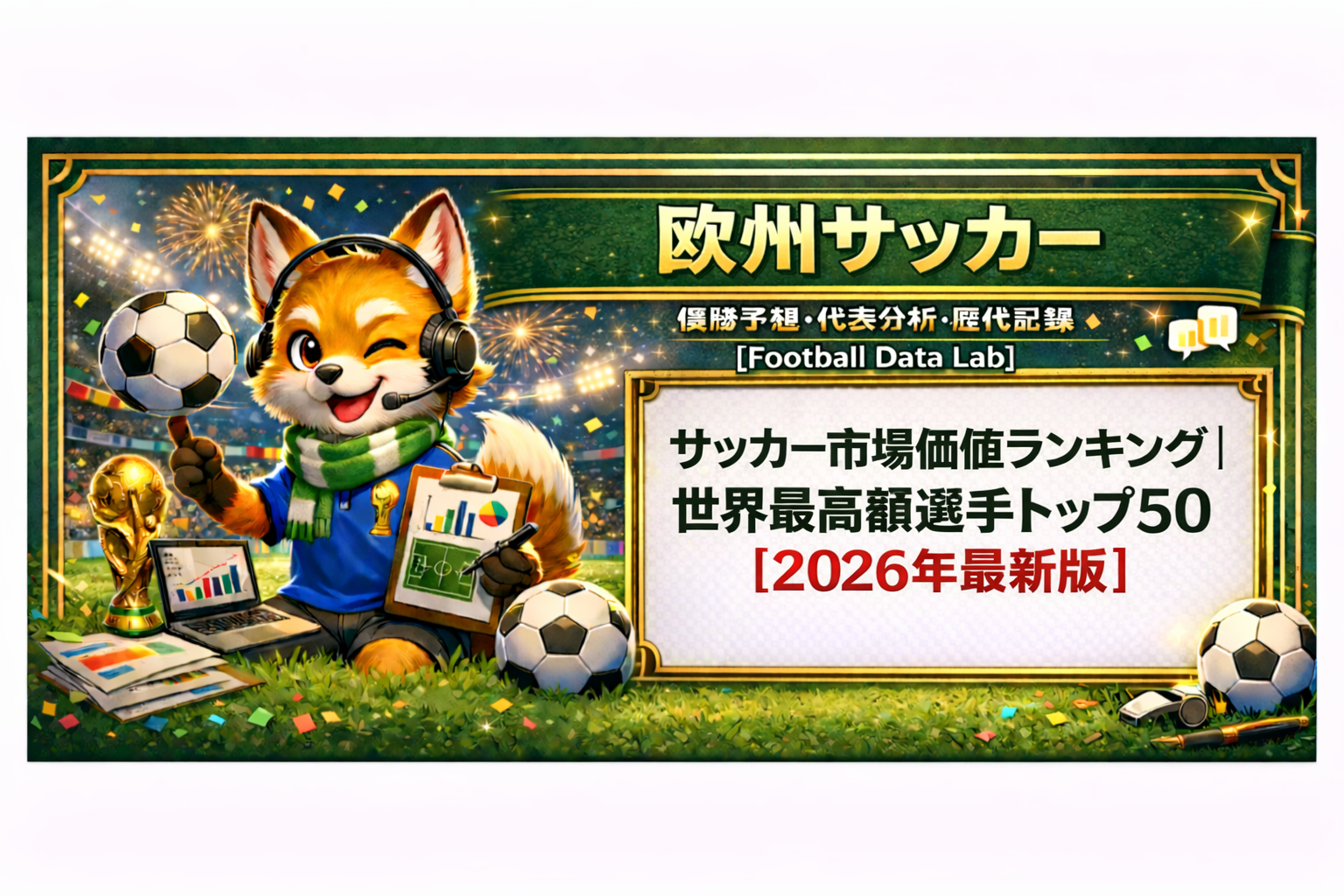 サッカースタジアムを背景に、ヘッドセットを付けたキツネのキャラクターがボールや分析ボードを持つイラスト。右側のホワイトボードには「サッカー市場価値ランキング｜世界最高額選手トップ50【2026年最新版】」と書かれている。