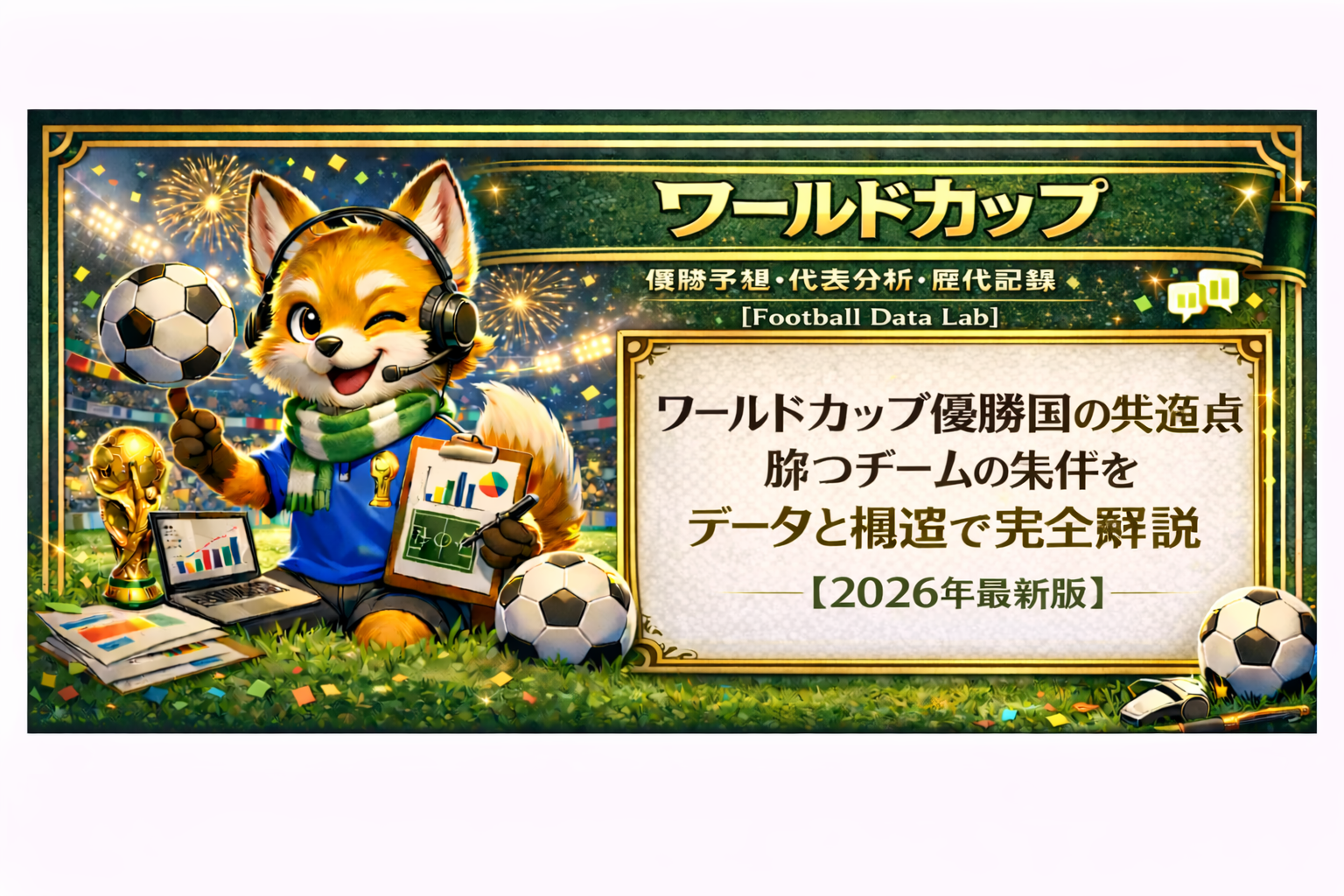 ワールドカップをテーマにしたサッカー分析バナー。スタジアム背景でヘッドセットを付けたキツネのキャラクターがボールとデータボードを持ち、右側のホワイトボードに「ワールドカップ優勝国の共通点｜勝つチームの条件をデータと構造で完全解説【2026年最新版】」と日本語で表示されている。