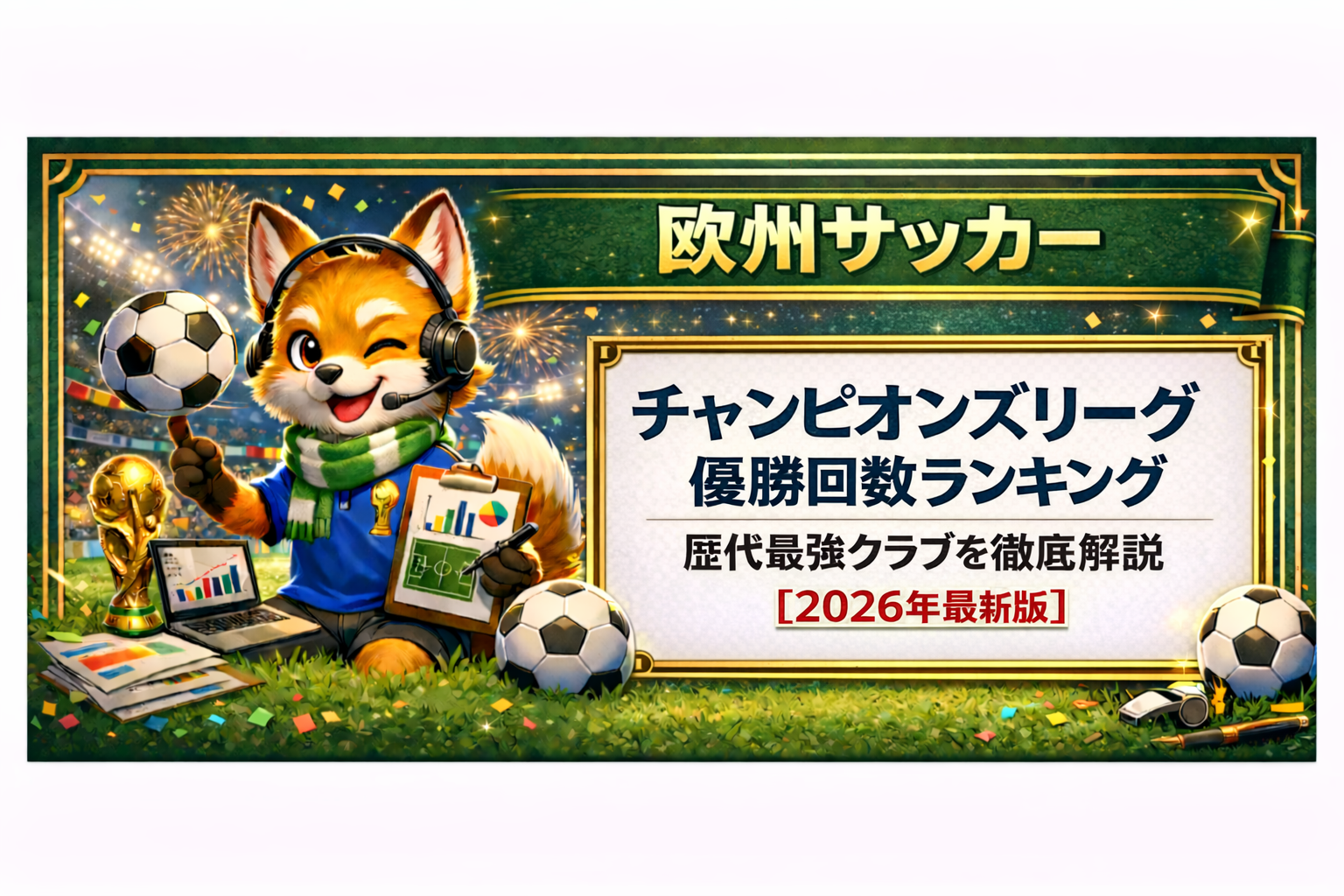 欧州サッカーをテーマにした華やかなスタジアム背景のイラストで、ヘッドセットを付けたキツネのキャラクターがサッカーボールやデータ資料を手に解説している。右側のホワイトボードには「チャンピオンズリーグ優勝回数ランキング｜歴代最強クラブを徹底解説【2026年最新版】」と書かれており、「2026年最新版」の部分が赤字で強調されている。