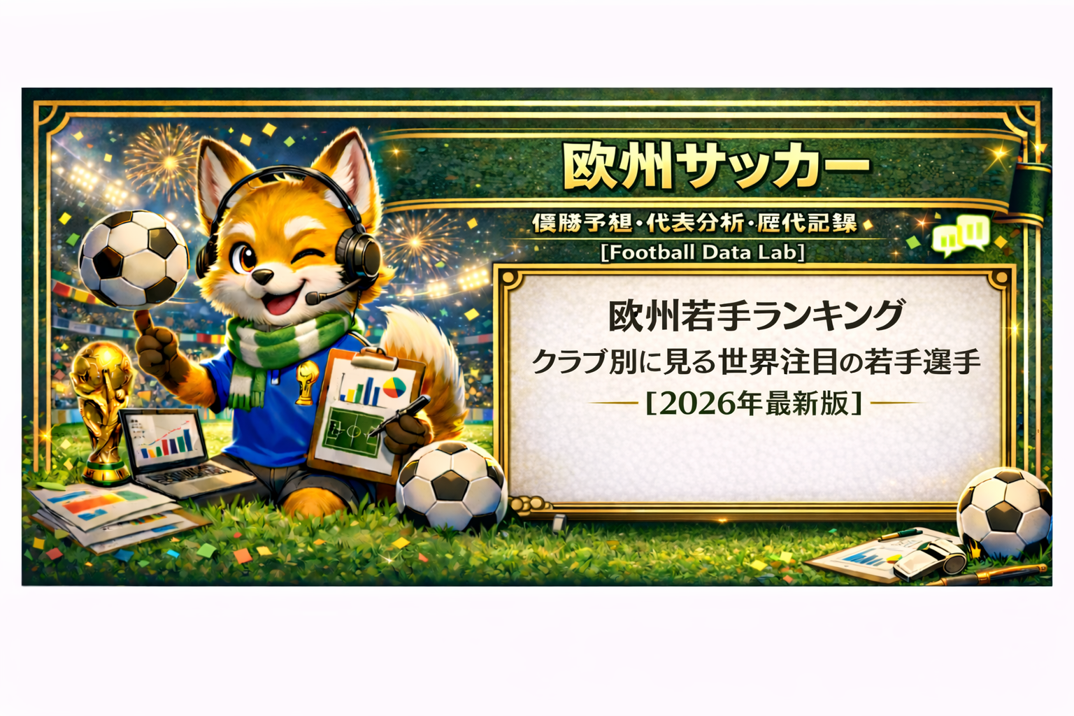 スタジアムの芝生の上で、ヘッドセットをつけたキツネのキャラクターがサッカーデータを分析しているイラスト。トロフィーやノートPC、グラフ付きボードが周囲にあり、背景には花火と観客席。ホワイトボードには「欧州若手ランキング｜クラブ別に見る世界注目の若手選手【2026年最新版】」と日本語で書かれている。