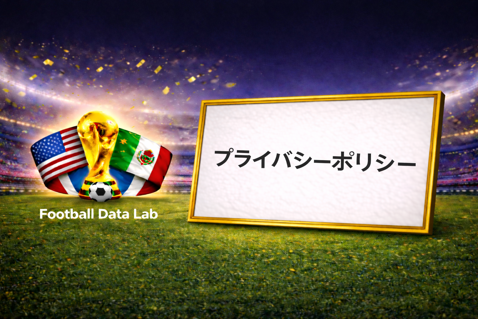 夜のサッカースタジアムを背景に、金色のワールドカップトロフィーとアメリカ・メキシコ国旗、サッカーボールを左側に配置し、右側の金枠ホワイトボードに「プライバシーポリシー」と日本語で表示されたFootball Data Labのデザイン画像