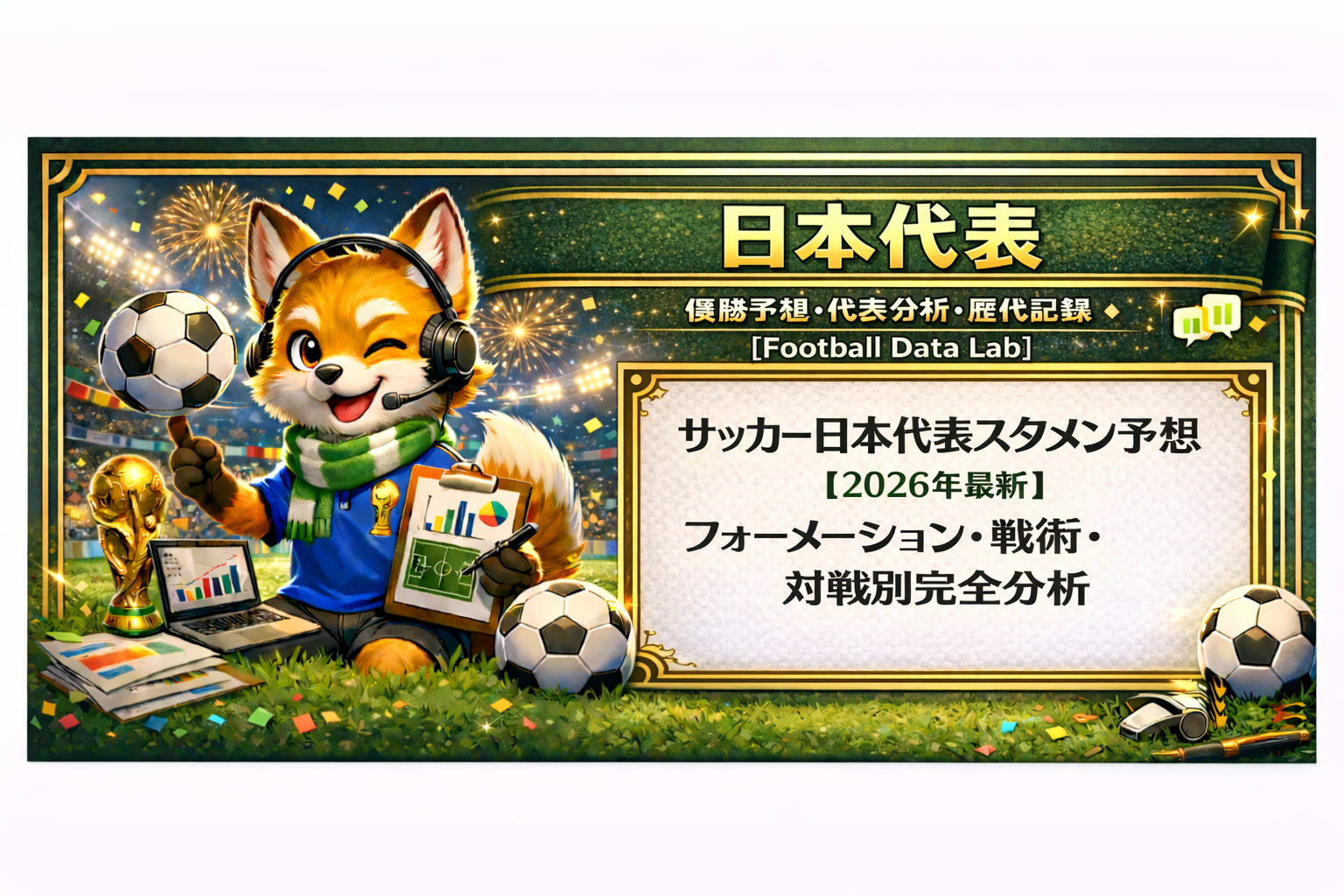 日本代表をテーマにしたサッカー分析バナー。スタジアム背景でヘッドセットを付けたキツネのキャラクターがボールとデータボードを持ち、右側のホワイトボードに「サッカー日本代表スタメン予想【2026年最新】フォーメーション・戦術・対戦別完全分析」と日本語で表示されている。