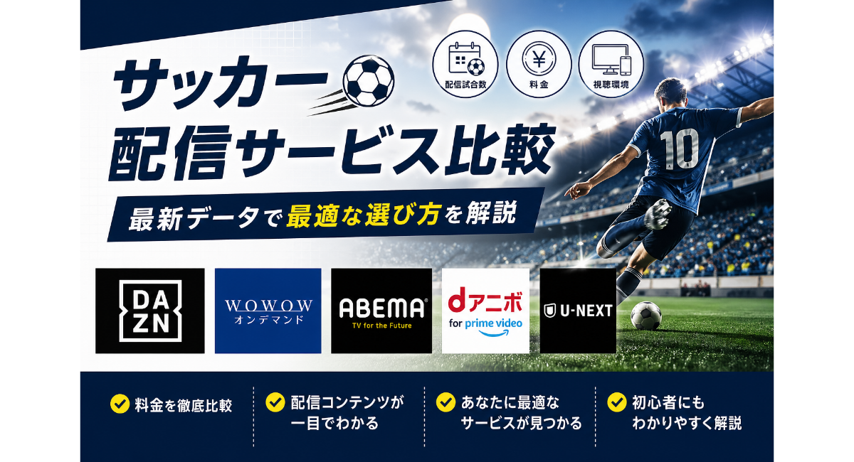 サッカー配信サービス比較のアイキャッチ画像。スタジアムでプレーする選手とともに、DAZN・WOWOW・ABEMAなど主要サービスを比較し、料金・配信試合数・視聴環境の違いを分かりやすく示しているデザ