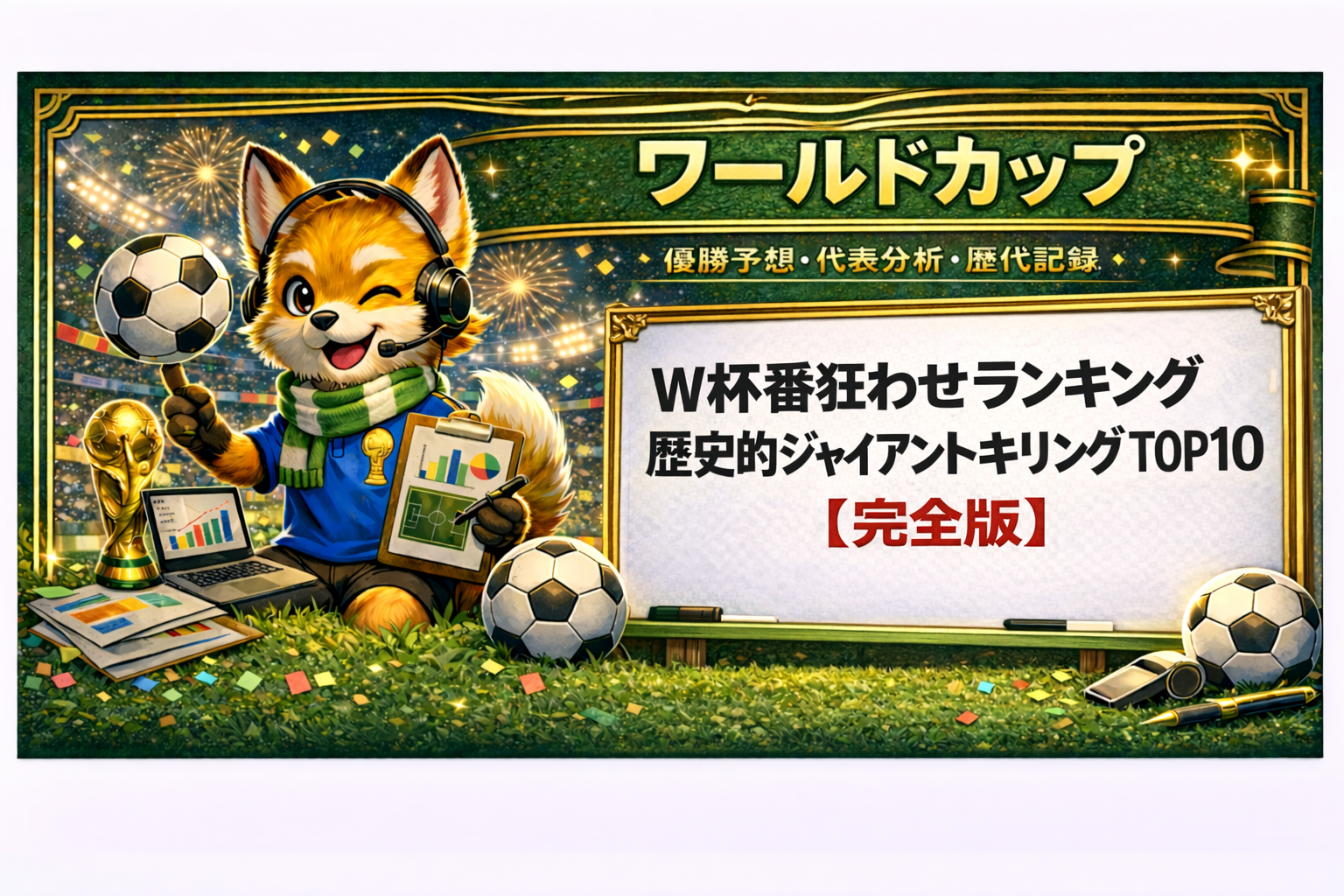 W杯番狂わせランキングTOP10を解説するサッカーデータ分析アイキャッチ画像。狐のキャラクターとワールドカップ背景、完全版を強調した日本語タイトル入り