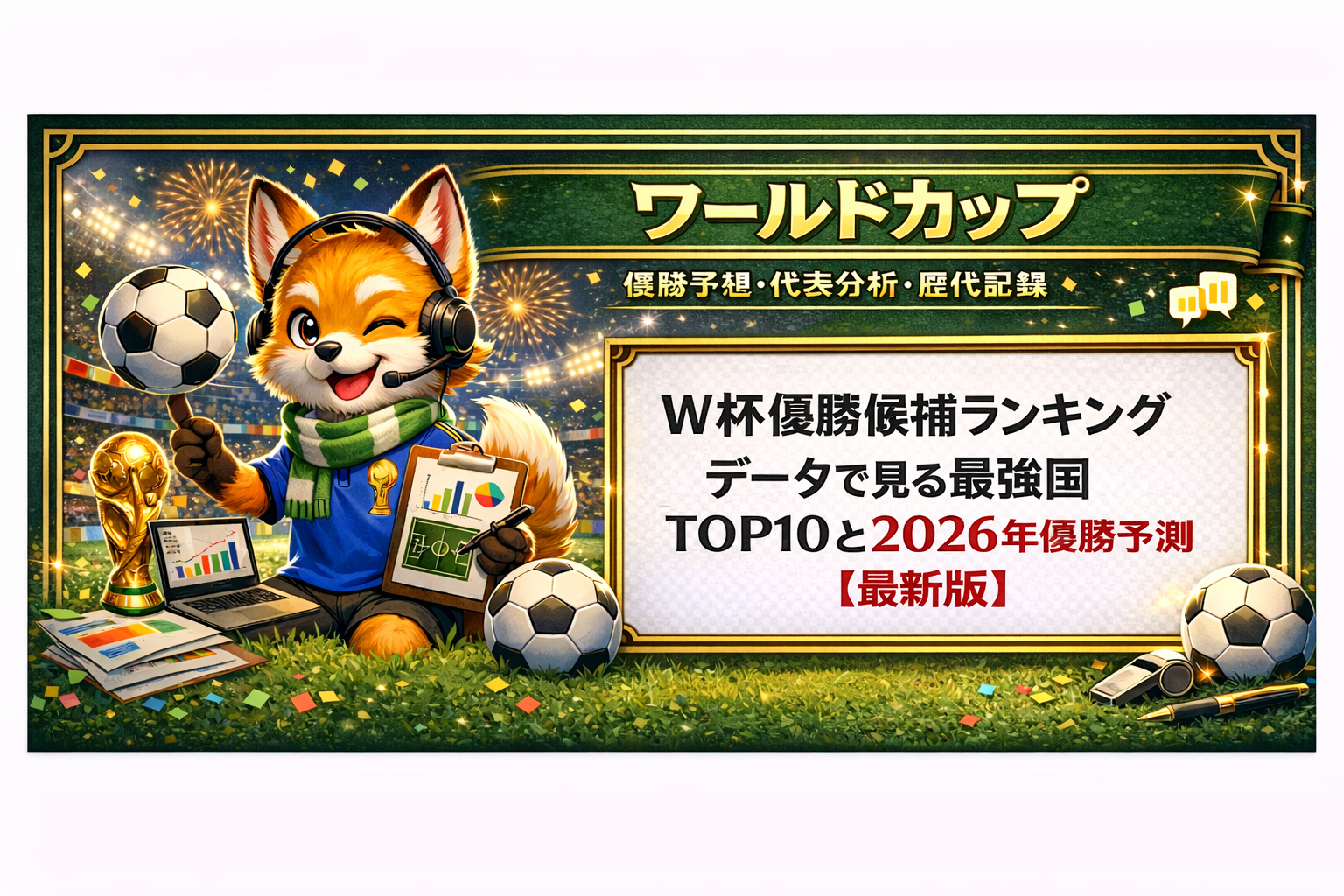 W杯優勝候補ランキングと2026年優勝予測をデータ分析したサッカーアイキャッチ画像。最強国TOP10や代表分析を日本語でわかりやすく表現