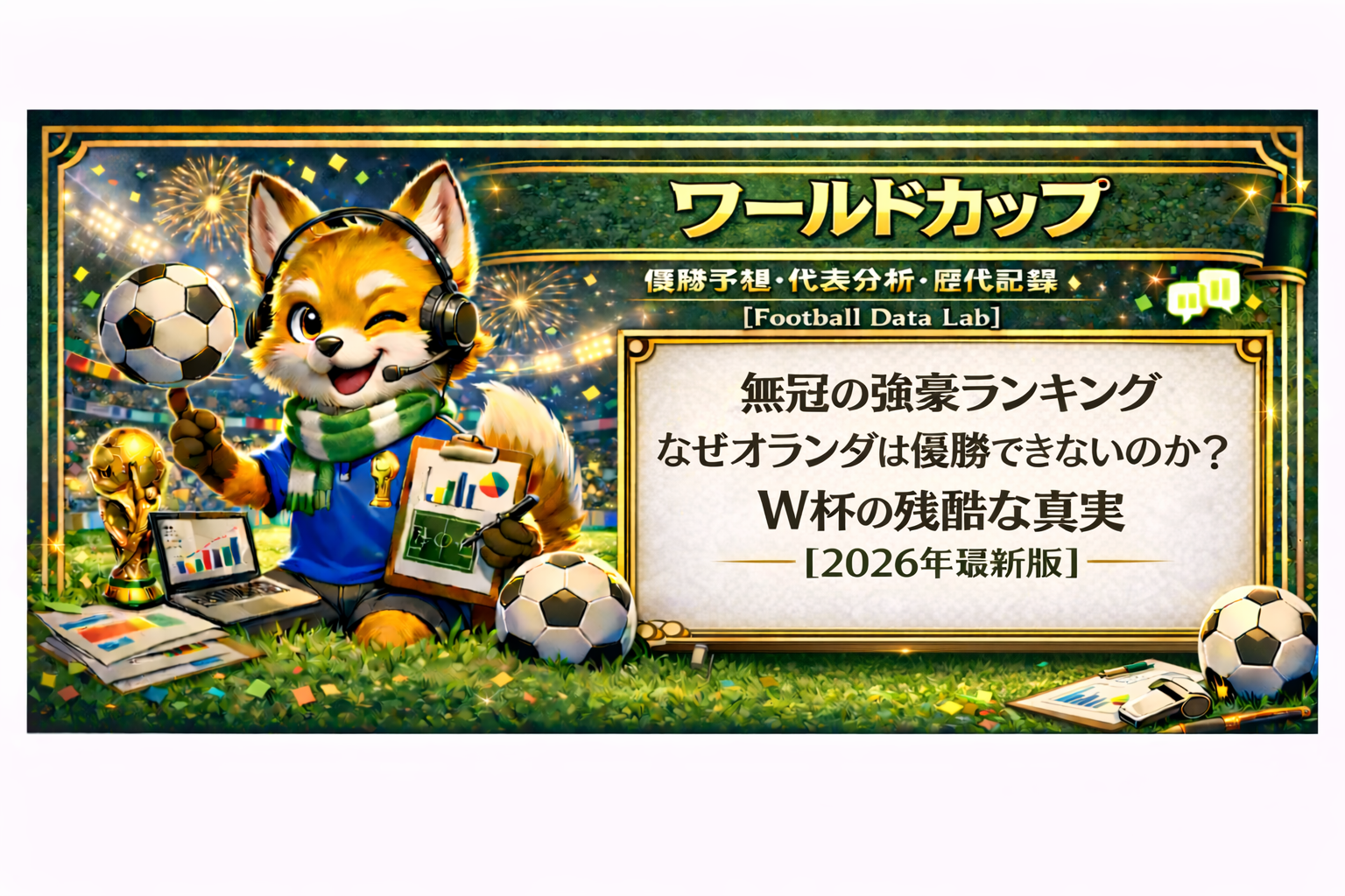 ワールドカップ分析をテーマにしたイラストで、スタジアムの芝生に座るヘッドセット姿のキツネのキャラクターが、トロフィーやノートPC、グラフ付きボードを手にデータ分析をしている。背景には花火と観客席が広がり、ホワイトボードには「無冠の強豪ランキング｜なぜオランダは優勝できないのか？W杯の残酷な真実【2026年最新版】」と日本語で書かれている。