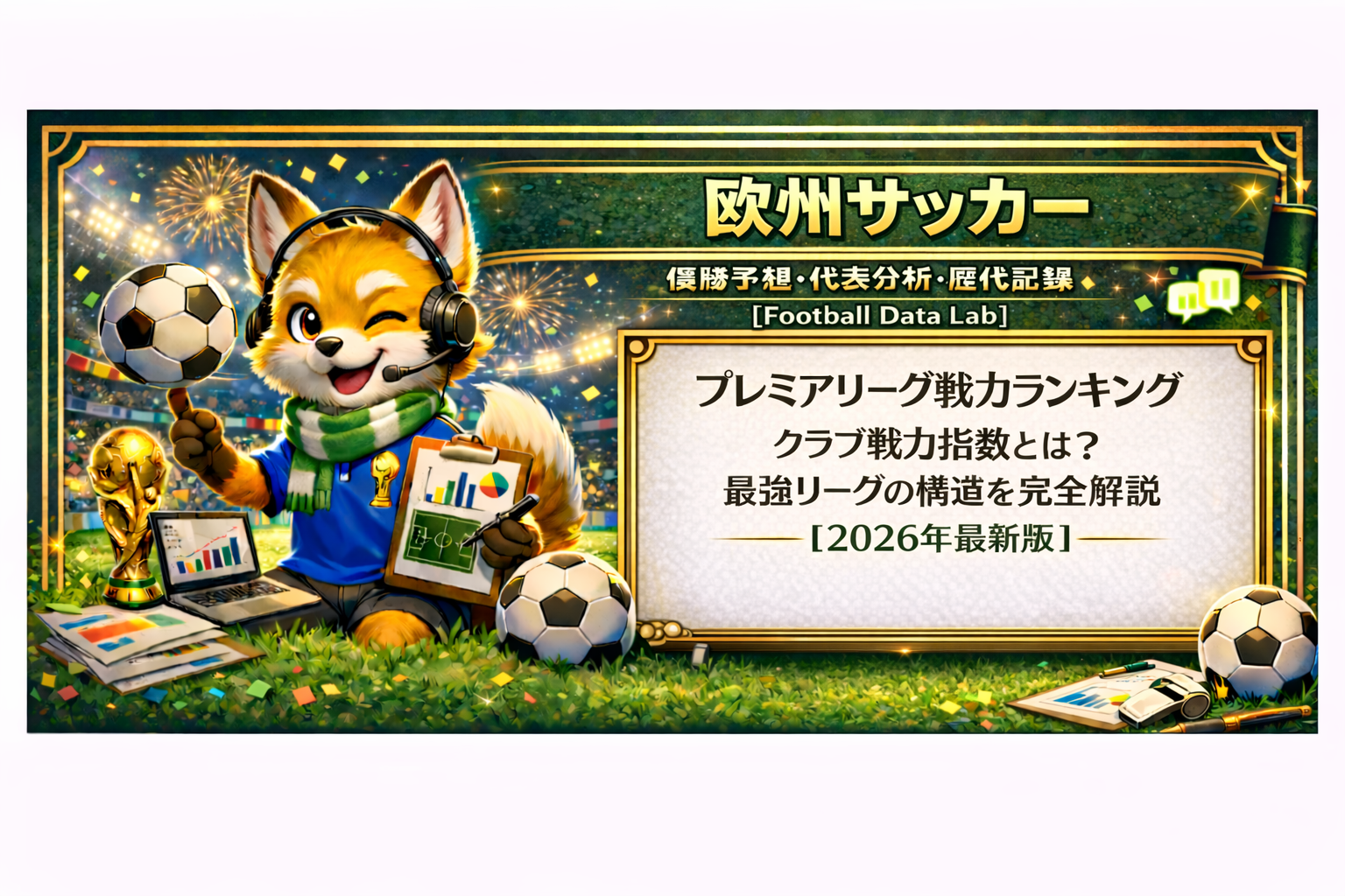 スタジアムの芝生の上で、ヘッドセットをつけたキツネのキャラクターがサッカーデータを分析しているイラスト。トロフィーやノートPC、グラフ資料が周囲にあり、背景には花火と観客席が広がる。ホワイトボードには「プレミアリーグ戦力ランキング｜クラブ戦力指数とは？最強リーグの構造を完全解説【2026年最新版】」と日本語で書かれている。