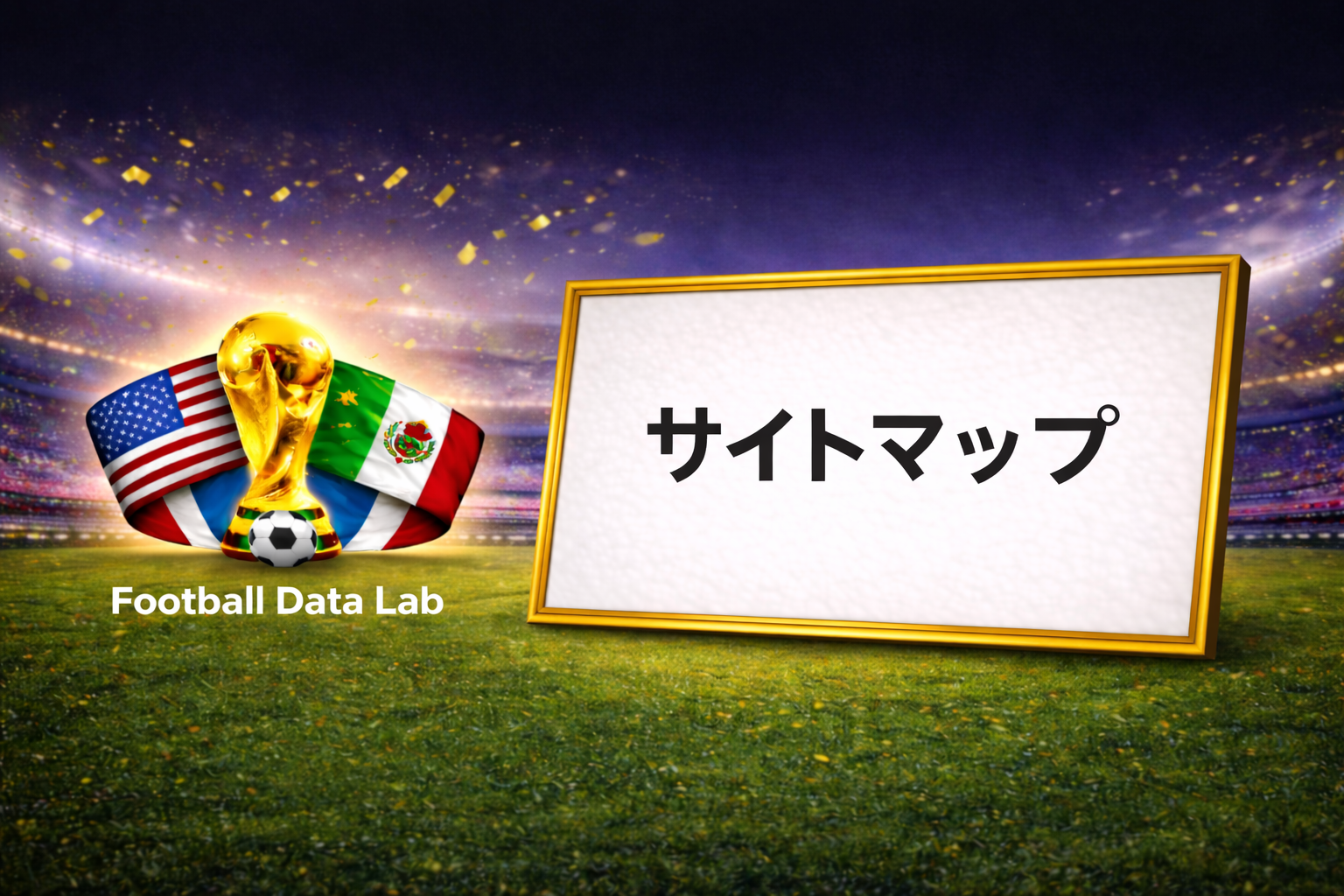 夜のサッカースタジアムを背景に、金色のワールドカップトロフィーとアメリカ・メキシコ国旗、サッカーボールを左側に配置し、右側の金枠ホワイトボードに日本語で「サイトマップ」と表示されたFootball Data Labのデザイン画像