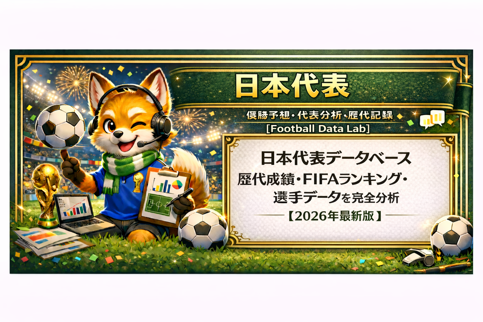 日本代表をテーマにしたサッカー分析バナー。スタジアム背景でヘッドセットを付けたキツネのキャラクターがボールとデータボードを持ち、右側のホワイトボードに「日本代表データベース｜歴代成績・FIFAランキング・選手データを完全分析【2026年最新版】」と日本語で表示されている。