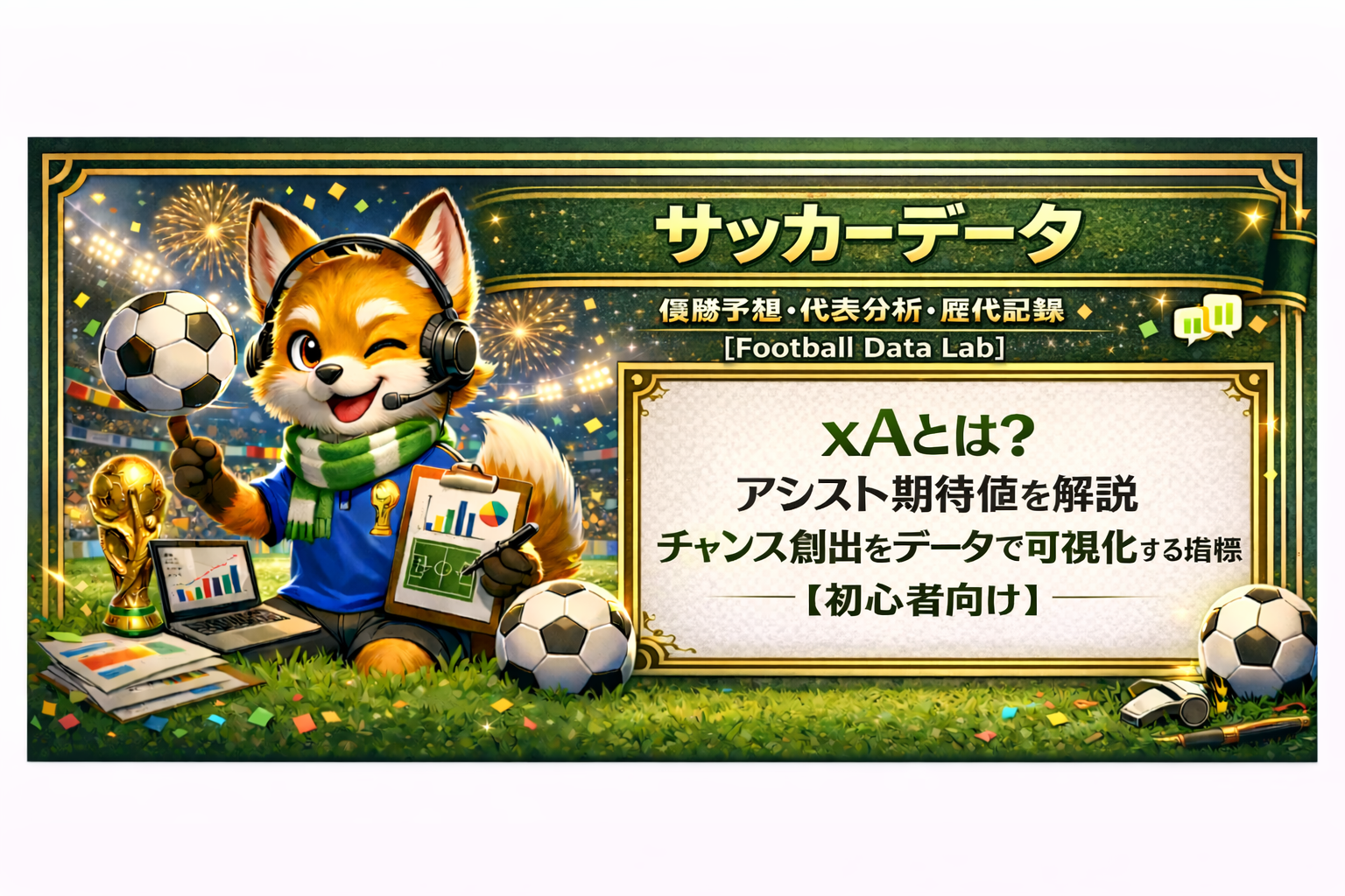 サッカーデータをテーマにした分析バナー。スタジアム背景でヘッドセットを付けたキツネのキャラクターがボールとグラフ付きボードを持ち、右側のホワイトボードに「xAとは？アシスト期待値を解説｜チャンス創出をデータで可視化する指標【初心者向け】」と日本語で表示されている。