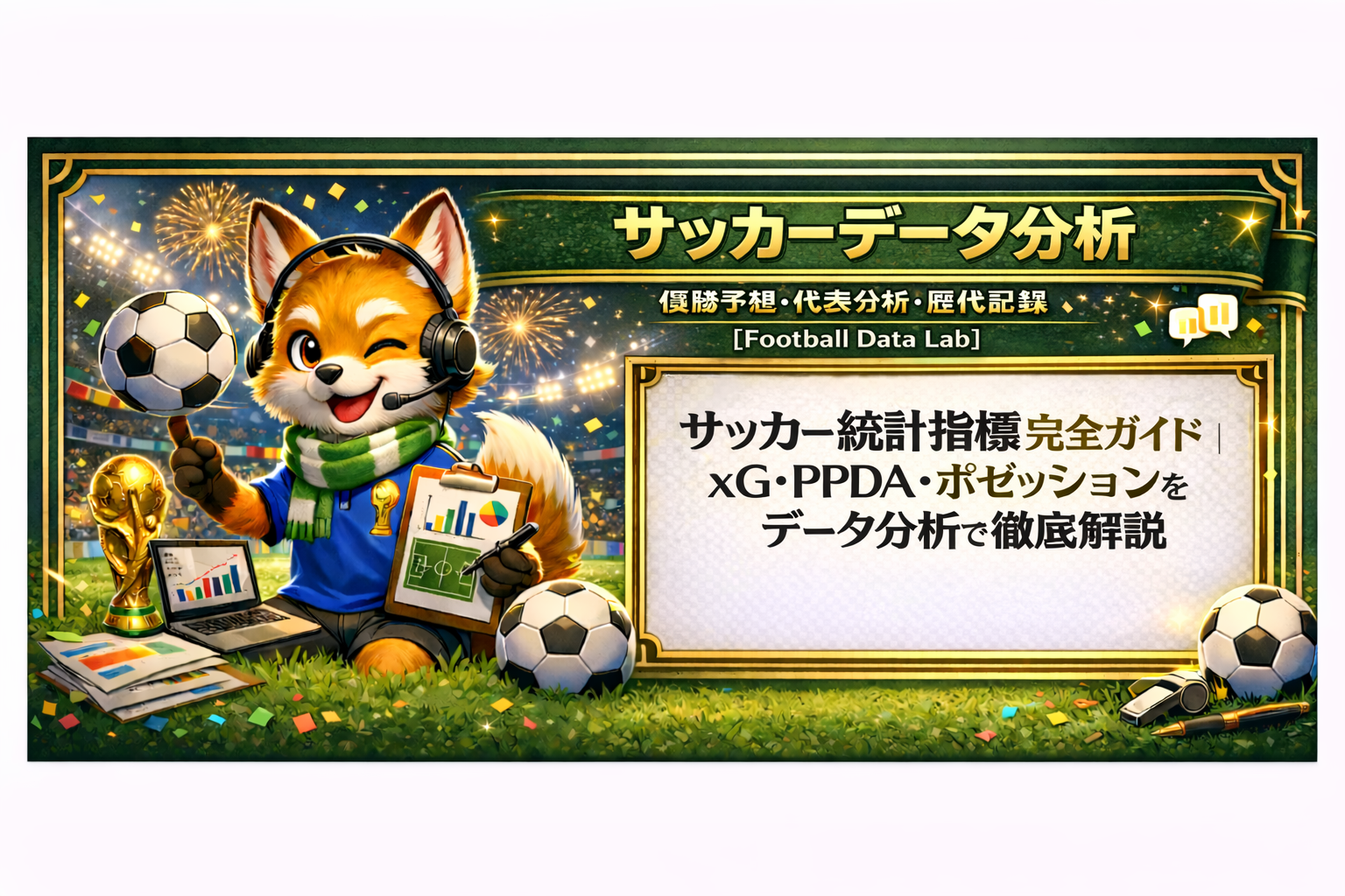 サッカーデータ分析のバナー。キツネのキャラクターとスタジアム背景、ホワイトボードに「サッカー統計指標完全ガイド」と表示。
