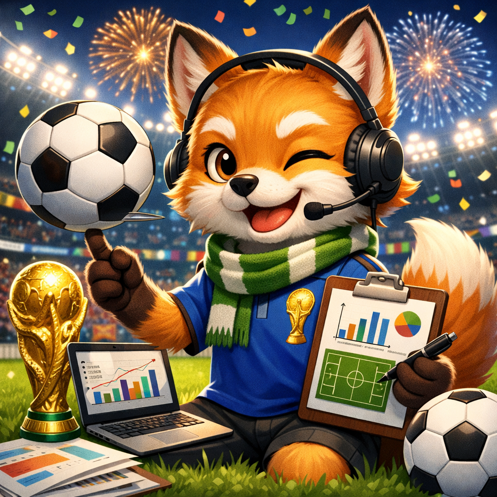 サッカーデータ分析とW杯戦術を解説するキャラクターとグラフ・トロフィーのイメージ