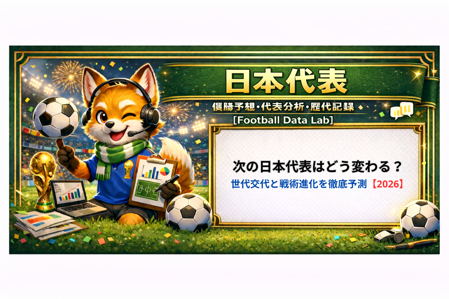 次の日本代表の世代交代と戦術進化を予測した2026年の分析イメージ