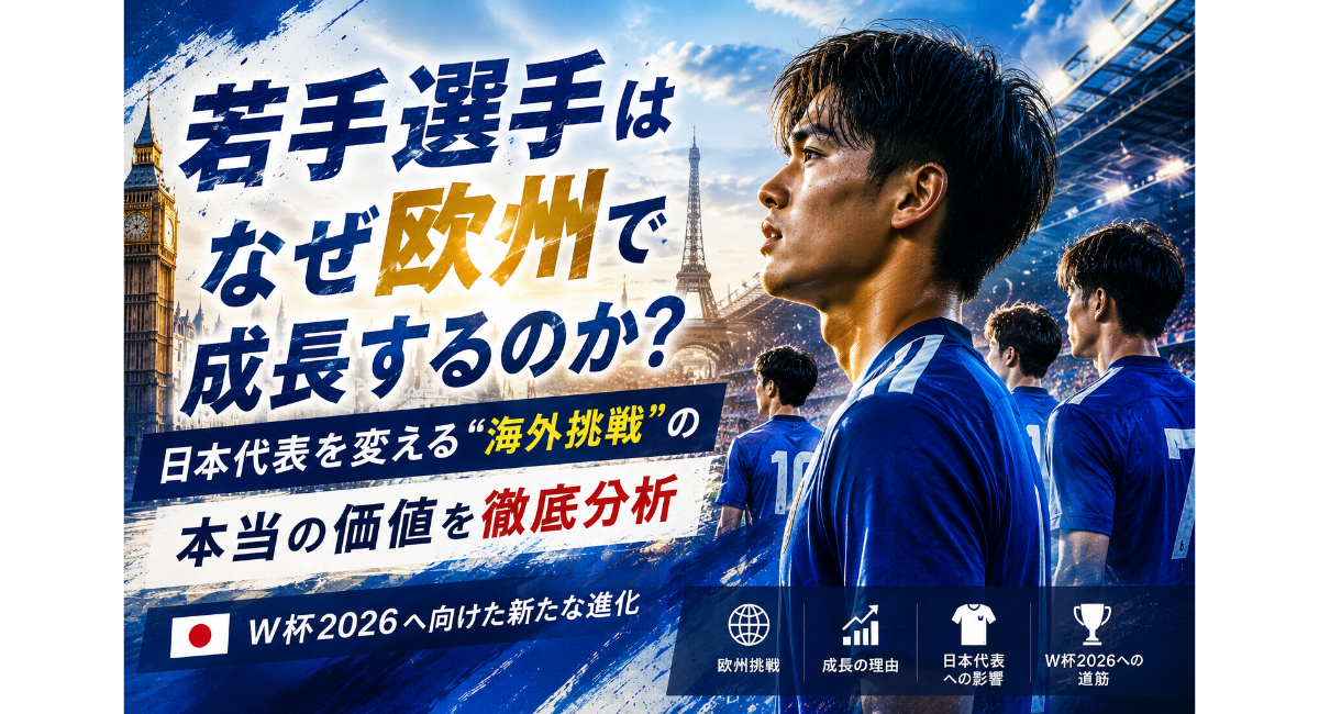 欧州のスタジアムを背景に、日本代表ユニフォーム姿の若手サッカー選手たちを後ろ姿で描いたアート風ビジュアル。若手選手がなぜ欧州で成長するのか、日本代表とW杯2026への影響をテーマにした分析記事用のX向け正方形画像。
