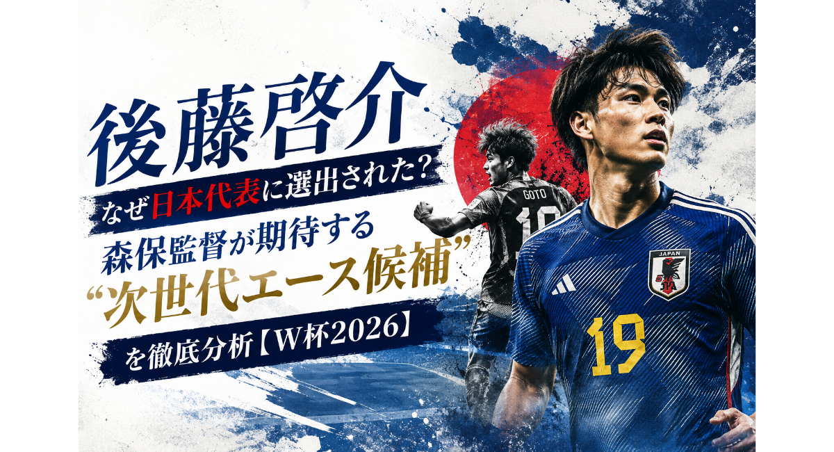 後藤啓介が日本代表に選ばれた理由をテーマにしたW杯2026分析画像。日本代表ユニフォーム姿の若手ストライカーを中心に、スタジアム背景や力強いタイポグラフィ、赤と青を基調としたアート風デザインで、森保監督が期待する“次世代エース候補”としての存在感や欧州での成長を表現している。