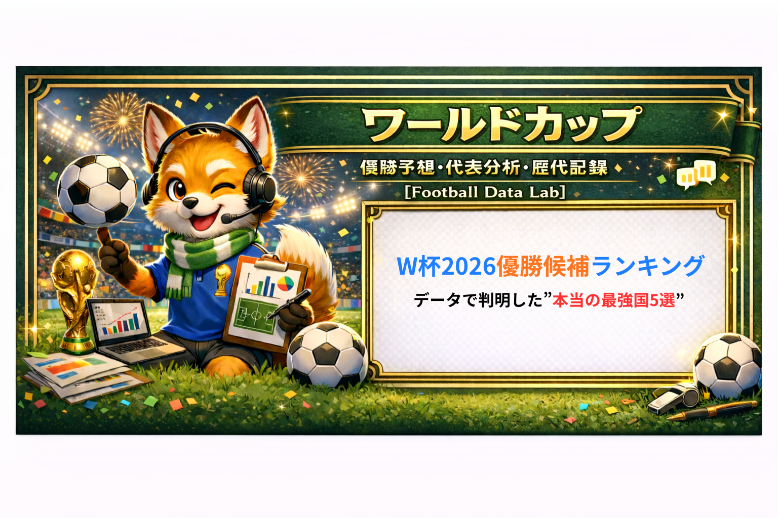 W杯2026優勝予想と最強国5選をデータ分析で解説するバナーとサッカートロフィーのイメージ
