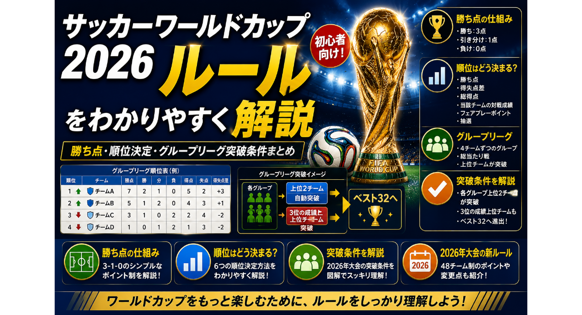 サッカーワールドカップ2026のルールを初心者向けに解説するアイキャッチ画像。中央に「サッカーワールドカップ2026ルールをわかりやすく解説」という大きな見出しが配置され、ワールドカップトロフィーとサッカーボールが描かれている。下部には勝ち点の仕組み、順位決定ルール、グループリーグ突破条件、2026年大会の新ルールを示すアイコンや図表が並び、順位表や突破条件のフローチャートも掲載。ネイビーとゴールドを基調としたデザインで、ワールドカップの大会ルールやグループリーグの仕組みをわかりやすく紹介する記事用サムネイル。