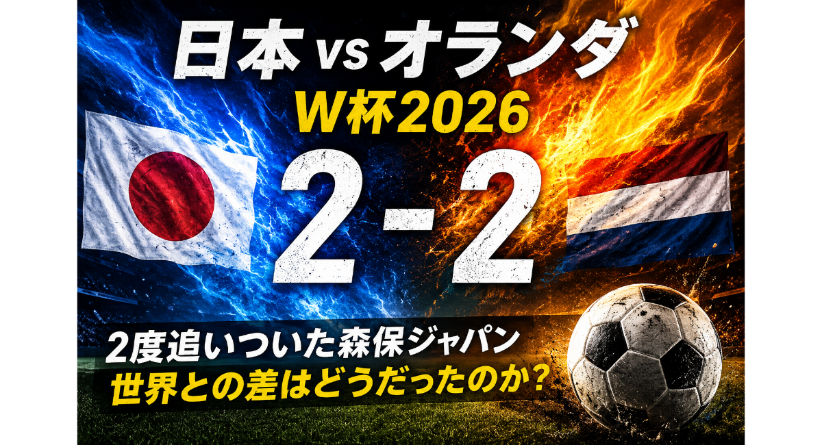 日本vsオランダ戦結果速報のイメージ画像。W杯2026グループF初戦で日本代表はオランダ代表と2-2で引き分け。中村敬斗と小川航基のゴールで2度追いついた価値あるドローと、森保ジャパンの現在地を表現している。