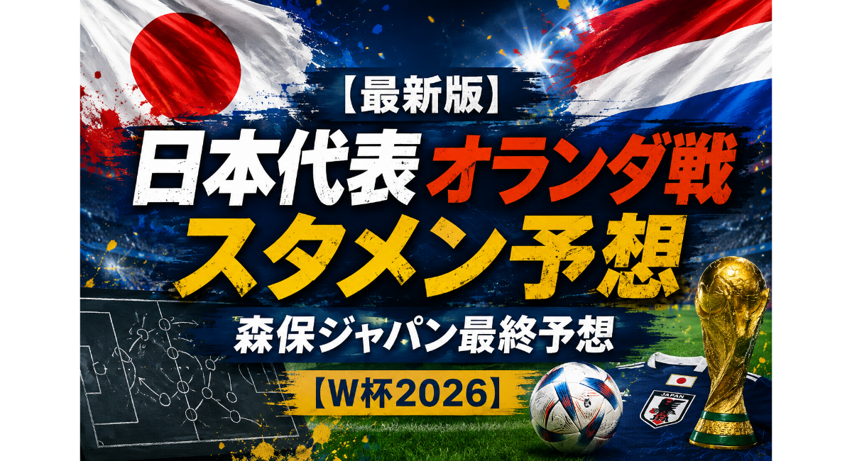日本代表オランダ戦の最新スタメン予想をテーマにしたイメージ画像。森保ジャパンの最終予想、上田綺世や久保建英ら主力選手の起用予想、W杯2026初戦の戦術分析と勝敗のポイントを表現している。