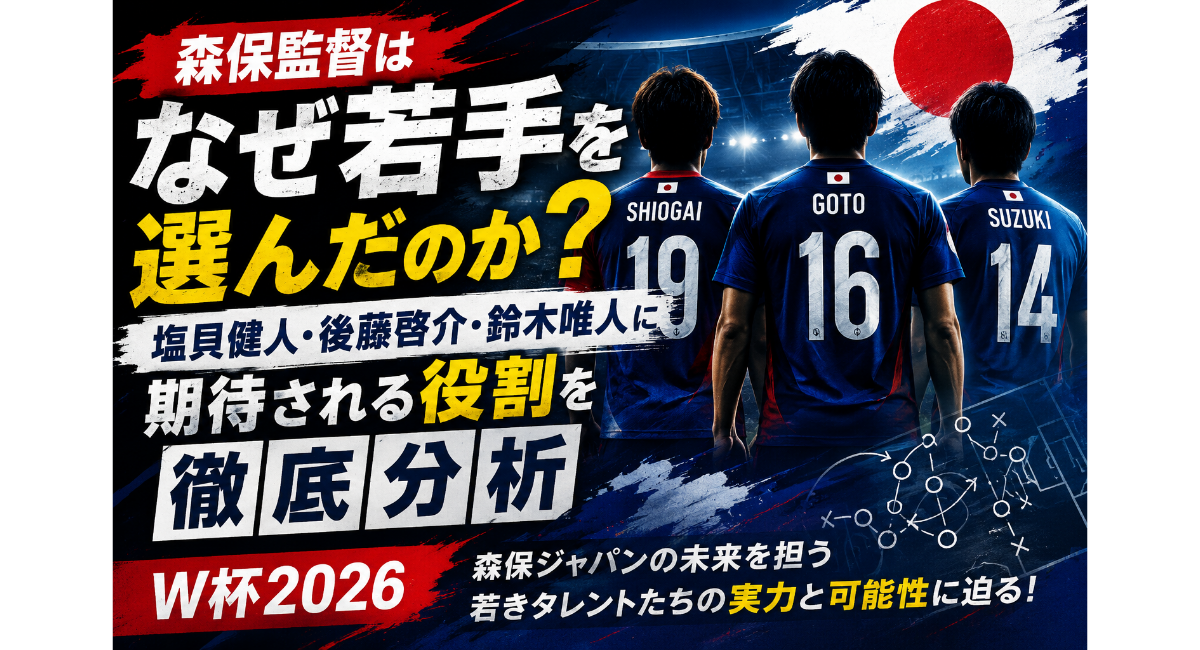 W杯2026日本代表の若手選手分析イメージ画像。森保監督が塩貝健人、後藤啓介、鈴木唯人を選出した理由や、オランダ戦に向けた期待される役割を徹底考察。