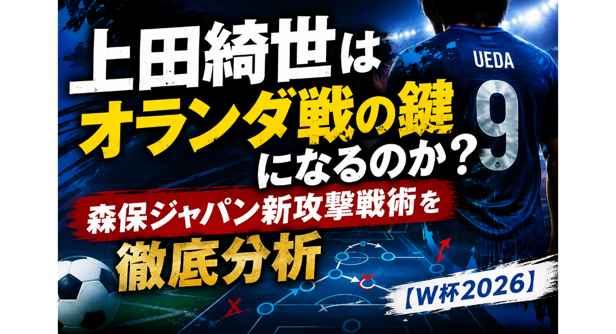 上田綺世はオランダ戦の鍵になるのかをテーマにしたイメージ画像。W杯2026へ向けた森保ジャパンの新攻撃戦術やスタメン構想を戦術ボードとともに表現。