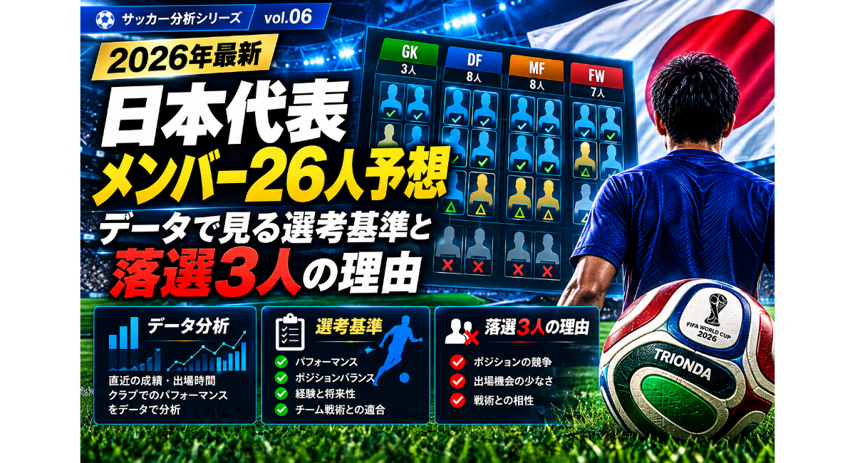 W杯2026に向けた日本代表メンバー26人を予想する画像。GK・DF・MF・FWのポジション別選考ボード、選出候補・競争枠・落選候補を示すアイコン、データ分析、選考基準、落選3人の理由を整理し、TRIONDA公式試合球と匿名の日本代表選手を配置しています。
