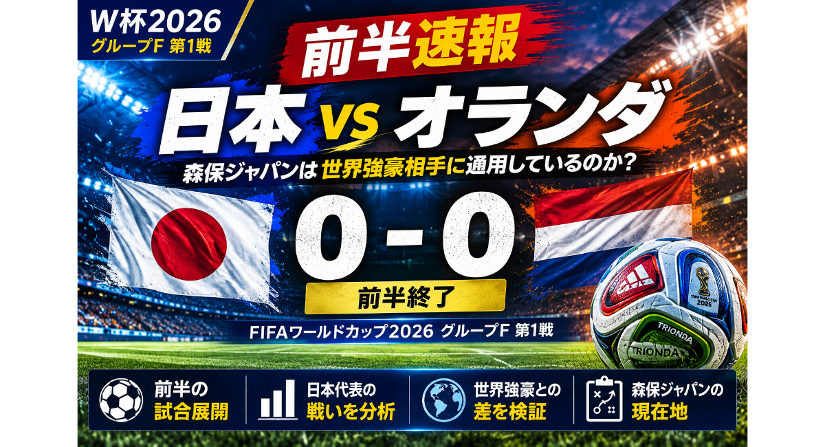 W杯2026グループF第1戦の日本対オランダ戦、前半を0-0で終えた日本代表の速報分析画像。森保ジャパンの戦い、世界強豪との差、前半の試合展開を分析