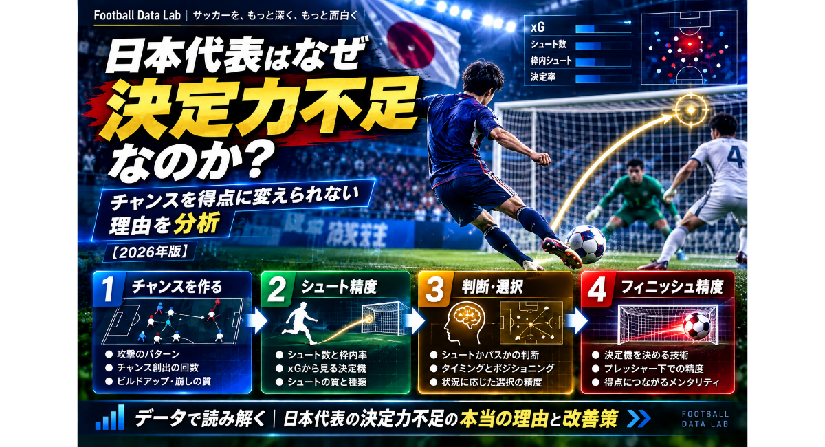 日本代表の決定力不足を分析する画像。チャンス創出、シュート精度、判断・選択、フィニッシュ精度の4段階から、チャンスを得点に変えられない理由と改善策をデータ分析で解説しています。xG、シュート数、枠内シュート、決定率などの分析指標と、匿名の日本代表選手がゴールを狙う場面を配置しています。